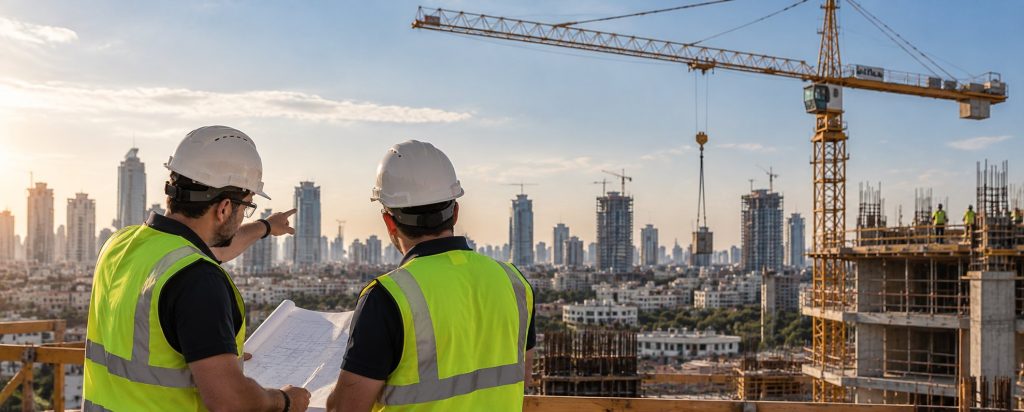 מנהלי עבודה עם קסדות בטיחות מתכננים באתר בנייה